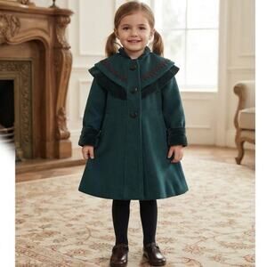 VTG Braetan Kids Wool Coat Velvet Trim - Girls Vintage Winter Dress Jacket Sze 3